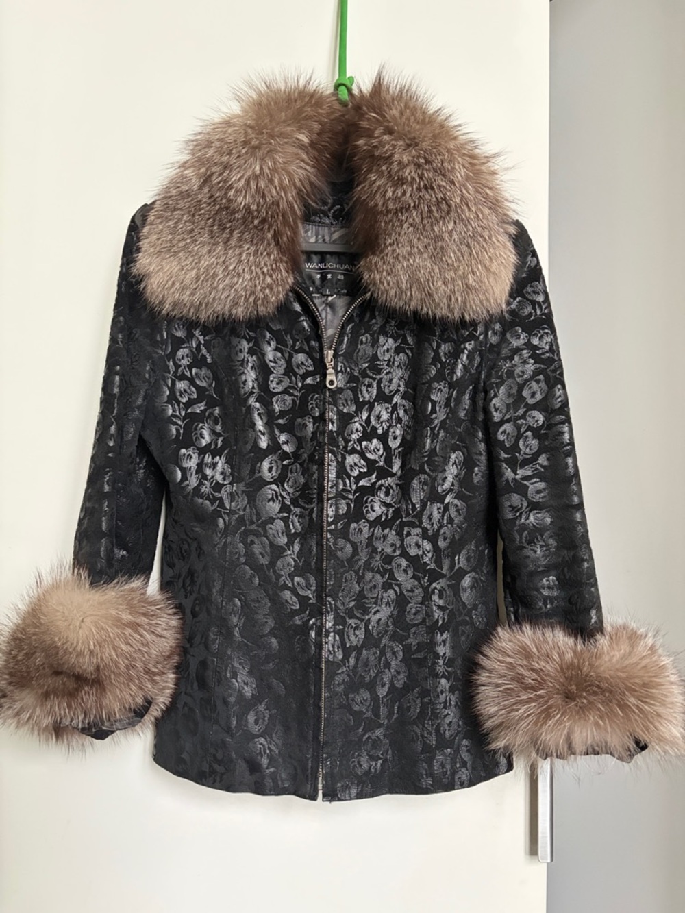 Black Floral Jacquard leather Jacket with  Fur Trim